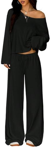 TFNOSIZE Damen Zweiteiler Lounge Set mit Langarm-Top und Weitbein-Hose, Loungewear Damen, Schulterfrei, Weich und Dehnbar