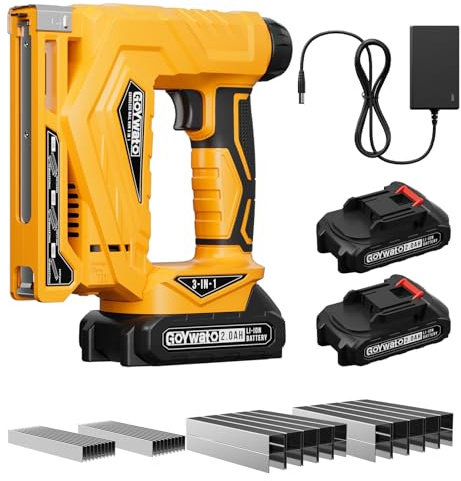 GoYwato 3-In-1 Pistola Sparachiodi a Batteria - 21V Chiodatrice Elettrica con 2 Batterie da 2,0 Ah, Graffettatrice inclusa con 1000 Chiodi 18GA, 1000 Graffe Typ 140 e 1000 Graffe Typ 53 per Legno