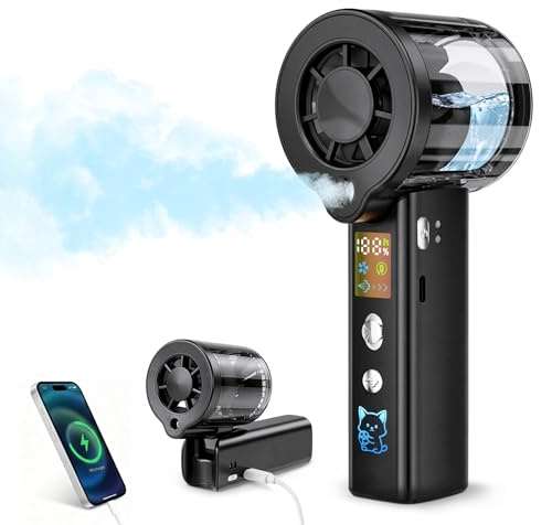 Carehabi Ventilatore Portatile con Nebulizzatore, Mini Ventilatore USB Ricaricabile 3000mAh, Display LED, 1-100 Velocità 16000 RPM, Pieghevole 115 Gradi con Cordino da Collo per Viaggio Ufficio