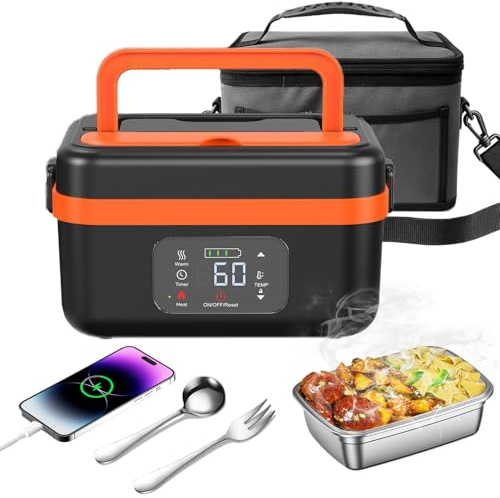 Warmfunn 1L Gamelle Chauffante Batterie,Lunch Box Chauffante Batterie,Préchauffage,Fond Scellé Joint Caoutchouc, Démontable Lavable,Étudiants/Salariés/Chauffeurs/Ouvriers du Bâtiment (noir)