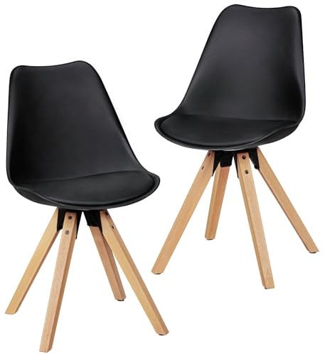 FineBuy Design Esszimmerstühle 2er Set SV43912 Skandinavische Stühle mit Holzbeinen, Retro Stuhlset Kunststoff, Küchenstühle mit Kunstleder, Lehnenstuhl Modern, Küchenstuhl Esszimmer Schwarz