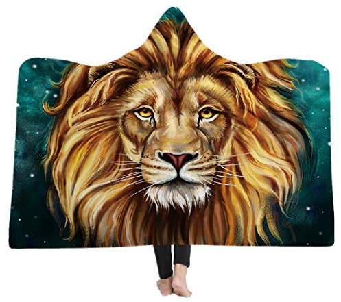 Gelber Löwenkopf Panda Mit Kapuze Decke für Erwachsene Kind Gothic Süßes Tier Modus Sherpa Fleece Wearable Decke Mikrofaser Bettwäsche (König der Löwen, 150x200cm)