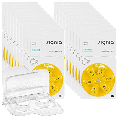 120x Signia Gr. 10 Hörgerätebatterien, 20x6er Blister PR70 Gelb 24610 + EWANTO Aufbewahrungsbox f. 2 Batterien (10, 13, 312, 675), transparente Batteriebox für Knopfzellen < Ø 12 mm x H 6 mm