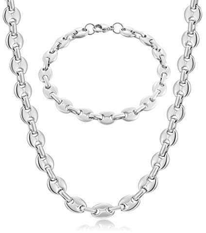 AFSTALR Halskette Herren Edelstahl 11mm Kaffeebohne Kette Armband Set für Männer Silber 51CM Hip Hop Halskette Plattenkette für Herren