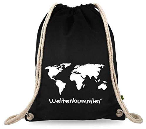 Turnbeutelliebe® Turnbeutel mit Spruch - Weltentdecker - Verschiedene Motive - Baumwolle schwarz - Sportbeutel - Rucksack - ca. 12 Liter - 37 x 46 cm (Weltkarte Weltenbummler)
