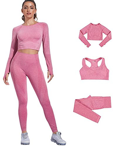 DONYKARRY Damen 3-teiliges Nahtloses Trainingsanzug Yoga Outfit Jogginganzug Set Freizeitanzug(Rosa,M)