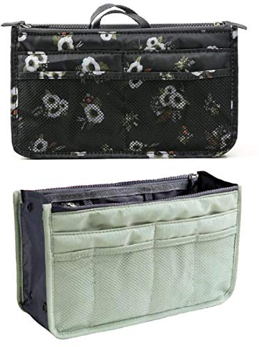 NOVAGO Organiseur Pochette Sac de Rangement intérieur pour Sac à Main ou Sac de Voyage (Divers Coloris Disponibles (Vert Clair+Fleurs 2)