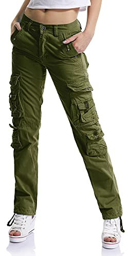 Cargohose Damen, Damen Arbeit Kampfhose Straight Leg Pants mit Taschen für Damen Casual Outdoor Wandern Armee-grün 38 - DE 44