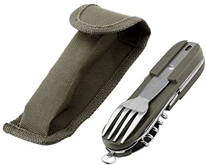 Cubertería plegable de acero inoxidable, verde, juego de cubiertos de viaje 6 en 1, multifunción, desmontable, portátil para supervivencia