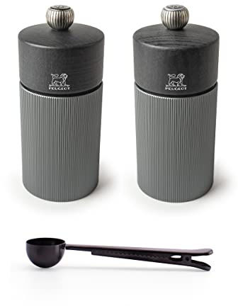 Peugeot Line Manual Salt & Pepper Mill Gift Set Carbon Graphite Aluminum, 12 cm - 4.75 With Stainless Steel Spice Scoop/Bag Clip (Salt & Pepper Mills w/ Scoop)