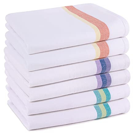 Pagnanno. Tea Towels, Soft and Absorbent – Multi Pack of Large Classic Herringbone Weave, Lint Free, Cotton Kitchen Dish Towels 45x70 cm in White with blue, green and orange stripes (Assorted, 6)