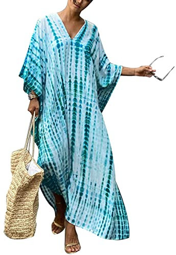 QUNERY Women Kaftan Bathing Suit Bikini Cover Up Free Size Caftans Long Tunic Beach Maxi Dresses B-White Blue Green one Size