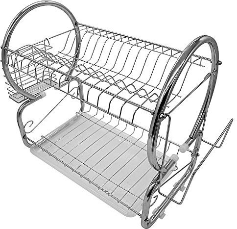 Scolapiatti a 2 Livelli Scolapiatti da Appoggio 2 Livelli Acciaio Inossidabile Scolapiatti da Lavello Rastrelliera per Tagliere con Vassoio Antigoccia,Multifunzione Staccabile 40*24*38 cm