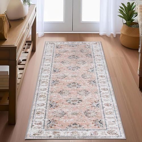 TOPICK Läufer 60x210cm Floral Hellrot Waschbar Superdünne Vintage Blumen Kurzflor Lang für Küche Schlafzimmer Wohnzimmer Teppichläufer Antirutschunterlage Zusammenklappbar