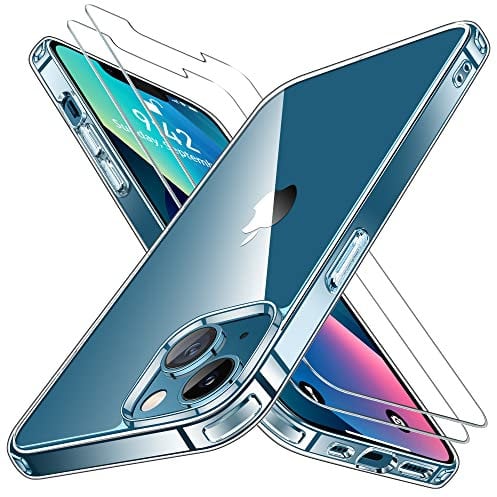 Niphabe Klar Hülle Kompatibel mit iPhone 13 mit 2 Stück Schutzfolie, Nie Vergilbung Hard PC Case Kratzresistente Rückseite Stoßfest Schutzhülle TPU Bumper Phone Durchsichtig Hülle 6,1''(Klar)