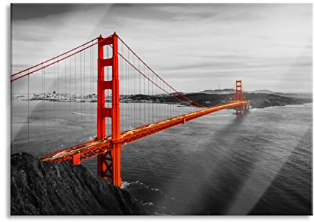 Pixxprint Glasbild, Wandbild aus Echtglas, Golden Gate Bridge bei Sonnenuntergang B&W Detail, 60x40 cm, inkl. Aufhängung und Abstandshalter