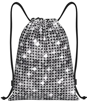 DEHIWI Silberner Pailletten-Rucksack mit Kordelzug, wasserdicht, leicht, Sportrucksack für Männer und Frauen, Reisen, Einkaufen, Strand, Schwarz , S