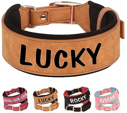 PET ARTIST Collar De Perro Cuero Personalizado Ancho - Acolchado Suave Y Grueso, Nombre Grande del Mastín Rottweiler, Marrón XL