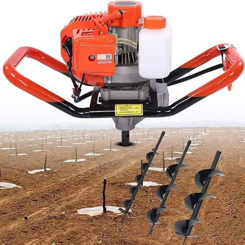 GBHJJ Tarière à Essence 52cc, Moteur 2 Temps, Trois mèches en Acier 100/200/300mm, 3 Extensions 60cm, Profondeur maximale 280cm, Portable et légère Piledriver à Essence