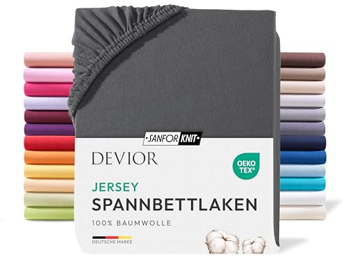 Devior Jersey Spannbettlaken 140x200cm - 160x200cm, 100% Baumwolle, Matratzenhöhe bis 22cm, Anthrazit – 135 g/m² Anti-Statisches, atmungsaktives Bettlaken mit Einlaufschutz, Matratzenbezug Grau