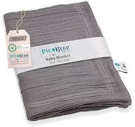 pic Bear Babydecke aus 100% Musselin-Baumwolle, 70x100 cm – Weich, hautfreundlich & vielseitig für Zuhause und Unterwegs (Granit)