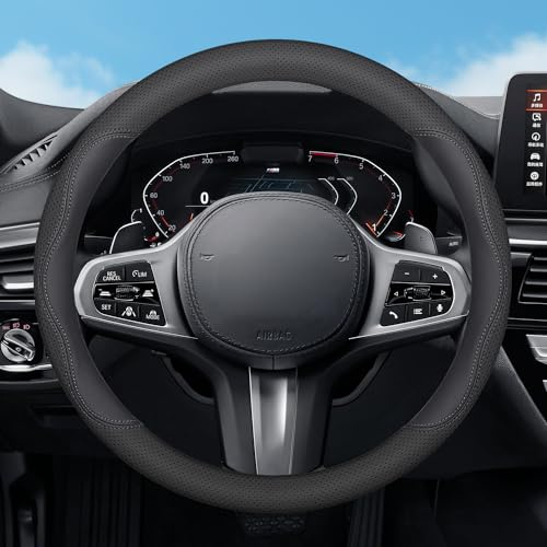 SZYUCHEN Car Steering Wheel Cover for Dodge Ram 1500 2500 3500 Grand Caravan Standard Cab Quad Cab Crew Cab Mega Cab Accessories 2012-2024, Leather-15 ½''-16'' (Black)