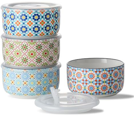 Chubacoo Ceramic Bowl Set with Lids : Microwavable Serving Bowls with lids, 5 Inch Soup Bowls for Lunch, Picnic, Microwave & Dishwasher Safe, 20 Oz, 4 pcs