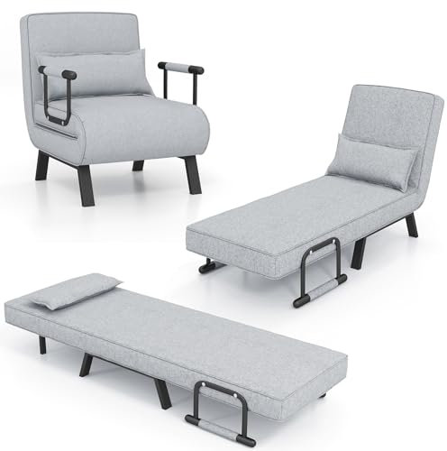 GOPLUS 4 in 1 Schlafsessel mit Bettfunktion, Schlafsofa mit 6-Fach verstellbare Rückenlehne & abnehmbarem Kissen, Relaxsessel Sofabett klappbar für Zuhause 7 Büro (Hellgrau)