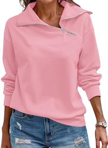 KEBORUILA Sweatshirt Femme Casual Manches Longues Printemps Automne Hoodie Loose Pullover 1/4 Zippé Tops Rose Pâle S