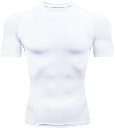 HYCOPROT Men's Compression Shirts Short Sleeve Compression Top Athletic Workout T-Shirt Quick Dry Sports Baselayer Running Undershirts Tops (UK, Alpha, S, Regular, Regular, White)