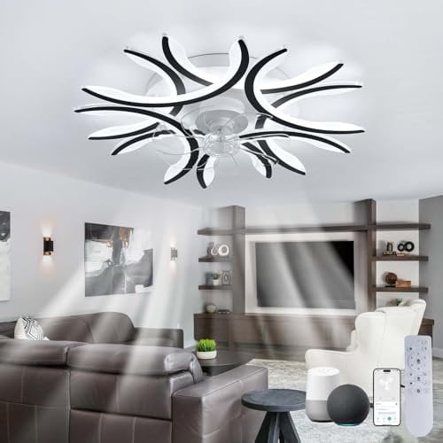 Modern Ceiling Fan Light Alexa Bedroom Dimmable LED Light Fan Ceiling Remote Control Silent Reversible Ceiling Lights with Fan 6 Speed Large DC Smart Flower for Living Room, Kitchen, Lounge-Black
