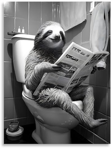 NymphFable Lustige Faultier Leinwand Bilder in der Toilette Zeitung lesen, schwarz und weiß Tier Wandposter für Badezimmer Toilette 12x16 ohne Rahmen