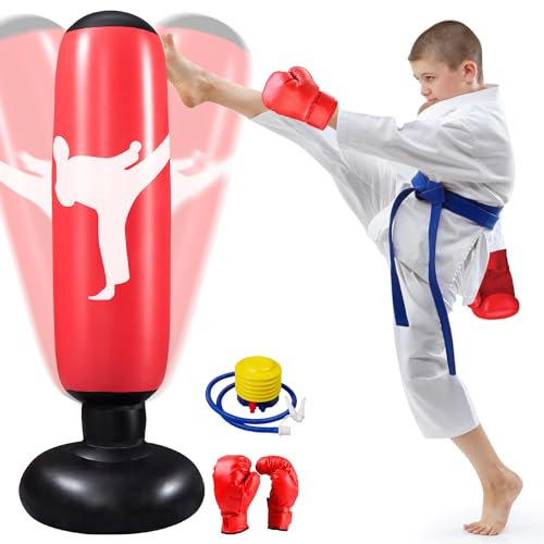 Qoosea Sac de Boxe Gonflable pour Enfants, 160cm Sac de Frappe sur Pied, Sac de Boxe Set de Formation avec Gants de Boxe et Pompe à air - Cadeau Parfait pour Garçons et Filles