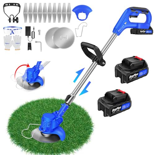 Coupe-Herbe sans Fil 2 en 1, Coupe-Bordure sans Fil (Installation Facile, Manche télescopique en continu, 10 Lames métalliques incluses) Livré avec Batterie 2X 1,5 Ah et Chargeur, Bleu