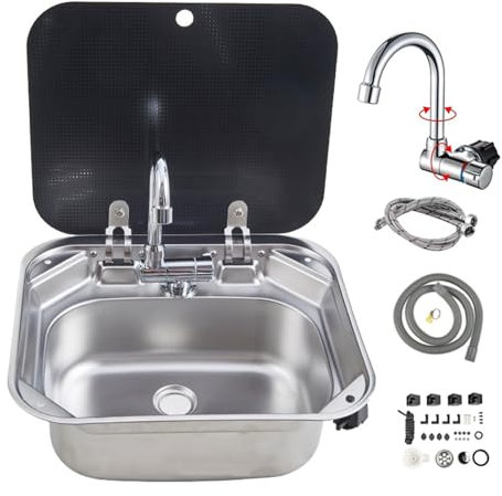 guoyjmm Bar Caravan Spüle,Küche RV Spüle mit klappbarem Wasserhahn und Deckel,42×37×15cm,Bar Boot Drop-in Spüle Edelstahl Handwaschbecken Spüle RV Camper Küche Spüle