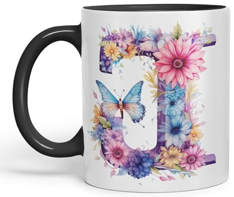 Vixar Letter J Mug, Floral Flowers Butterfly Alphabet Letter J Monogram Watercolour Ceramic Coloured Mug Cup for Tea Coffee Hot Brew 330ml 11Oz Gift (Black)