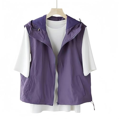 ZQUZEMS Giacca Senza Maniche da Donna Casual con Cappuccio Gilet Donne Sciolte Senza Maniche Gilet Cardigan Sports Coat-Viola-4Xl 75-80Kg