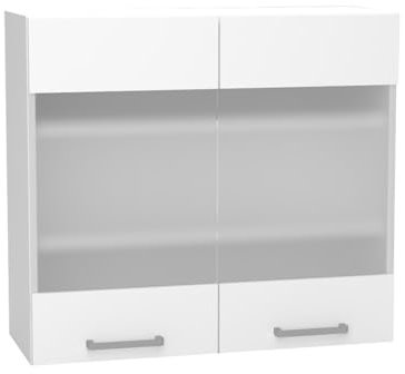 PEGANE Meuble Haut de Cuisine avec 2 Portes Coloris Blanc et Verre Gris - Longueur 80 x Profondeur 28 x Hauteur 72 cm