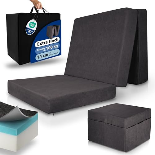 Beautissu Premium L Klappmatratze 75x195cm Gästebett faltbar inkl. Husse – extra dick 14cm Visco-Matratze optimaler Härtegrad H3 hoher Schlafkomfort – waschbar Gästematratze klappbar – Anthrazit