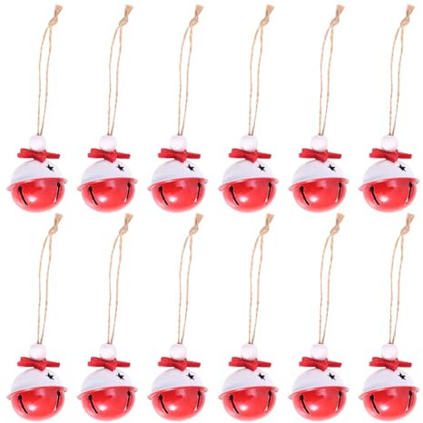 12 Stück 4 cm Weihnachtsbaum-dekorative Glocken aus Metall, Stern, Glöckchen, weiße Glocken, Weihnachtsschmuck, Weihnachtsschmuck, hängende Ornamente, Schlittenglocken mit Jute-Schnur, Urlaub,