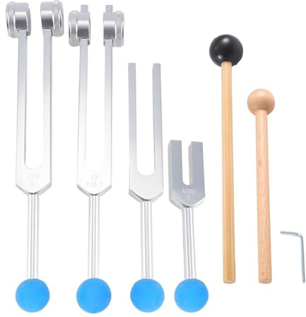 Muuoeou 4Pcs Tuning Fork Set(128Hz, 136.1Hz, 528Hz, 4096Hz), for Healing Chakra,Sound Therapy,Reliever Stress Easy to Use,Silver