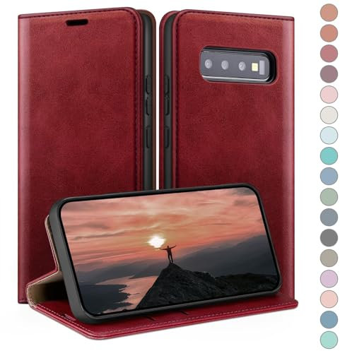HUOUH für Samsung Galaxy S10 Plus Hülle mit RFID Schutzhülle aus Lederhülle Handyhülle,Kartenfach Leder ständer Handy hülle,360 Grad Schutz Cover für Samsung S10 Plus Klapphülle Wallet Case Rot