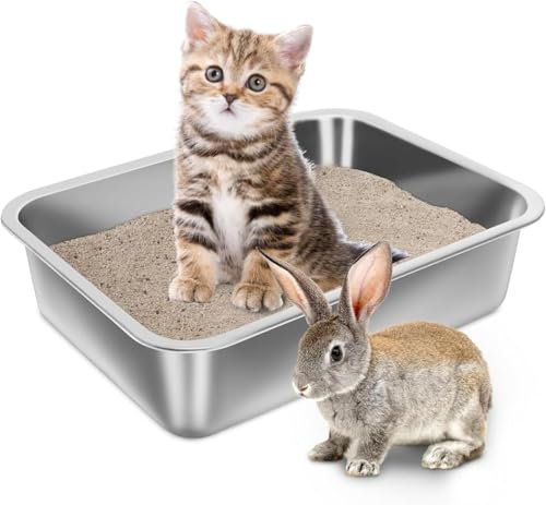 Lettiera Acciaio Inox per Gatti, Lettiera Gatto Aperta per Gatti Grandi, Piccoli e Conigli, Toilette per Gatto Antiaderente, Facile da Pulire, Sabbiera Alta, Antiodore e Spaziosa 40 x 30 x 15 cm (M)