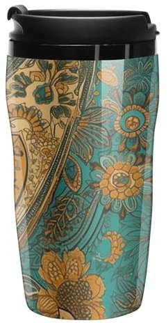 12 Oz Car Cup Coffee Cups with Lids Stanley Cup Coffee Tumbler Plastic Cups Sealed Drinking Lid Water Cup Tea Cup Yellow Paisley Pattern Printed Mugs Fits in Car Cup Holder