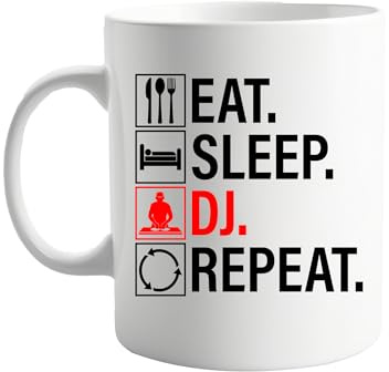 Eat Sleep DJ Repeat 11oz Funny Mug – Coffee Cup for DJs, Music Lovers, Turntable Fans – Humorous Present for Disc Jockeys, Mixing Enthusiasts, EDM Fans, Birthday or Office Gift