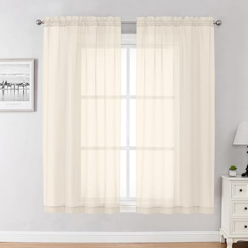 Chyhomenyc Set of 2 Cream Sheer Curtains 63 Inches Long, Light Filtering Curtains for Bedroom, Soft and Airy Curtains with Rod Pocket, W42 x L63, 2 Panels