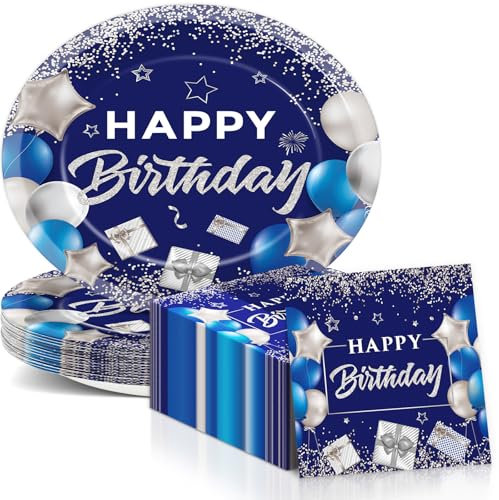 Birthday Oval Paper Plate 11inch Large Happy Birthdays Plates and Napkins, Blue and Silver Party Decoration Favor Dish Tray for Man Woman Bday Baby Shower Holiday Gathering Supplies Tableware 25 Guest