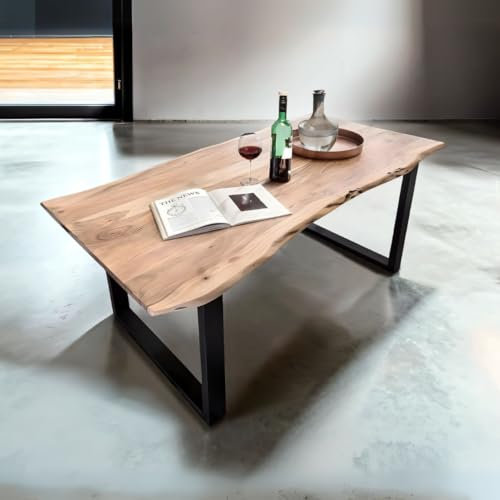 Bett11 Esstisch 180x90 cm naturfarben, Akazienholz massiv 26mm, U-Gestell schwarz, Baumkantentisch aus Holz, Casa Massiva
