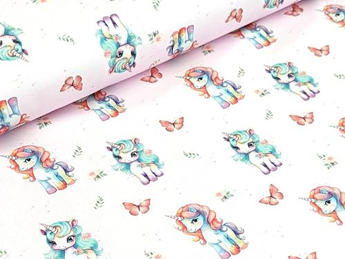 Eigenproduktion Baumwolljersey Regenbogen Unicorn Schmetterling Hellrosa Stoff Meterware Kleiderstoff
