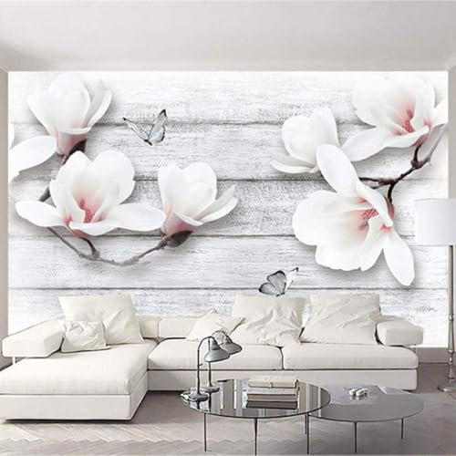 Magnolia Butterfly Woodgrain Papier Peint 3D Intissé Tapisserie Bureau Salon Canapé Chambre Fond Décoration Murale-300cm×210cm